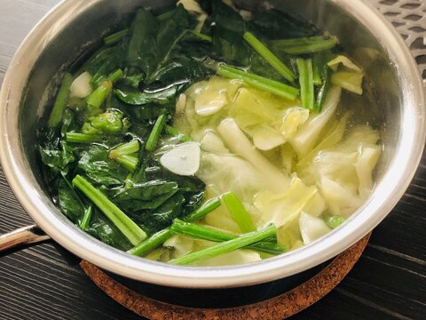 鶏茹で汁の活用☆春キャベツとほうれん草のスープ